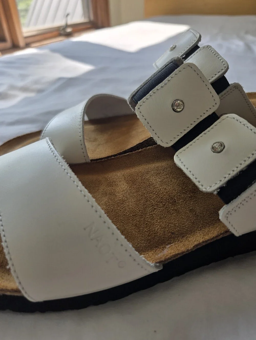 Naot Ashley White Leather Rhinestone Slide Sandals Size 42 (US 11)